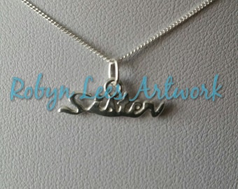 Solid 925 Sterling Silver Sister Word Charm Necklace on Fine 925 Sterling Silver Chain. Gift, Family, Dainty, Cute