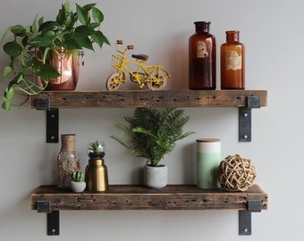 Reclaimed Wood Shelves | Amish Handcrafted in Lancaster County, PA | Set of 2 | Industrial, Rustic, Genuine Barn Wood with Brackets