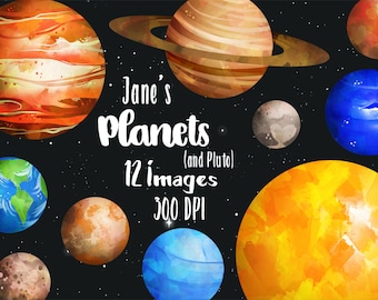Watercolor Planets Clipart - Solar System Download - Instant Download - Watercolor Planets Graphics - Mars - Earth - Jupiter - Saturn