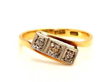 Art Deco 18ct Gold Platinum Three Stone Diamond Bypass Ring, Size P, 2.9g