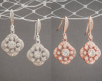 60% OFF, Bridesmaid Earrings, Wedding Earrings, Rose Gold Bridal Earrings, Crystal Earrings, Art Deco Dangle Bridesmaid Earrings, BEVERLY