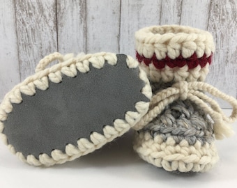 Work Sock Grey and Cream with Red Stripe BABY Toddler Child Crochet SHEEPSKIN Booties with Grey Leather Suede and Sheepskin Shearling Sole