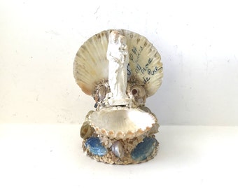 Vintage Antique Sailor's Valentine Souvenir of a Holy Water Fount Benitier with the Virgin Mary and Baby Jesus