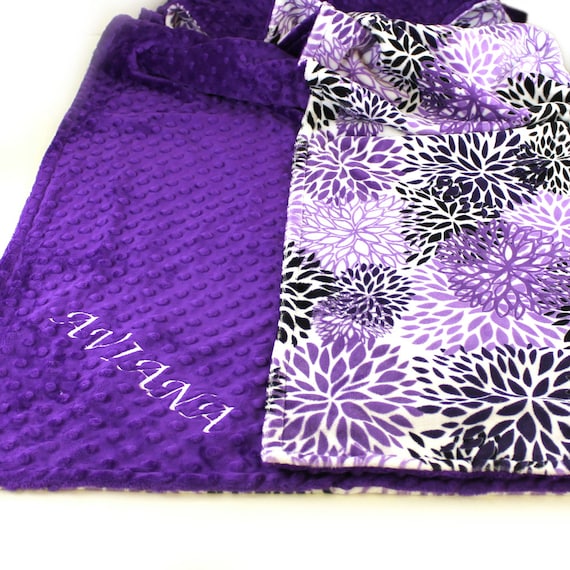 Personalized Baby Blanket, Floral Minky Baby Blanket, Gray Purple Baby Girl, Baby shower gift, Flower Blanket, Receiving Blanket, Baby Gift