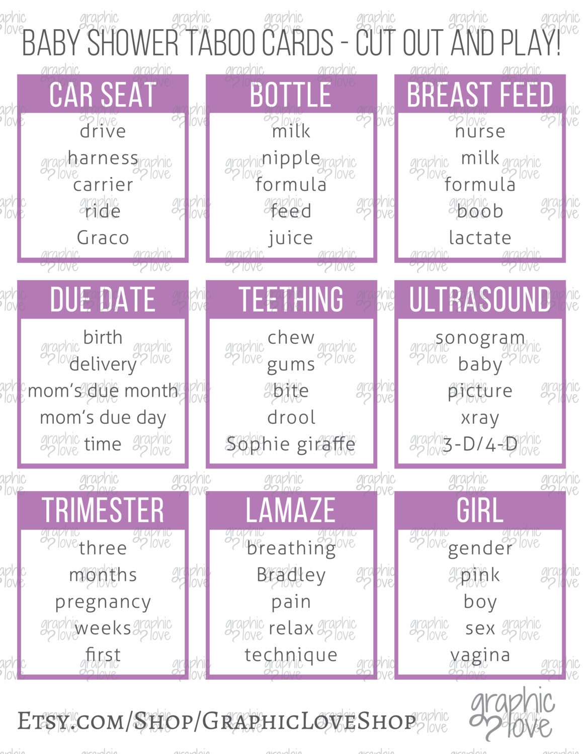 Digital Baby Shower Taboo Game 54 Cards  All Ages, Gender Reveal, Sprinkle, New Baby Party 