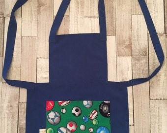homemade childrens sport themed apron, sports fan, childrens protective wear, messy play, gifts for bakers, little chef, cotton apron.