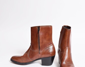 Vintage 90's Brown Faux Leather Ankle Western Boots with Side Zippers