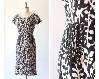 vintage 1950s black and white botanical print cotton dress / size medium