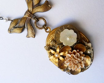 Collage Brass Locket Pearl Necklace, Brass and Pearl Assemblage Locket, Pearl Necklace, Pearl Locket, Assemblage, Collage, Locket,