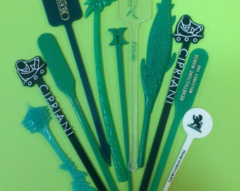 Vintage Swizzle Sticks x10 Green Drink Stir