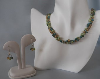 Blue, Green & Champagne Czech Bead Necklace and Earrings