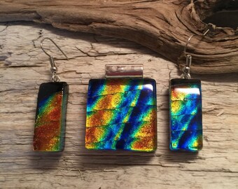 Jewelry, glass, set, Dichroic glass, fused glass, handmade dichroic glass, handmade fused glass, fused glass jewelry, pendant and earring