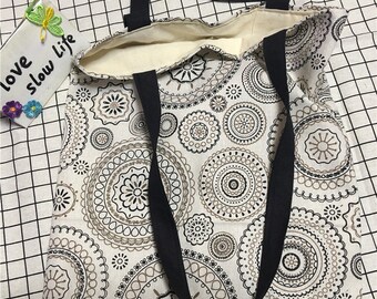 Cotton Linen Eco Reusable Market Shopping Tote Shoulder Bag Print Circle Flower Motif L02