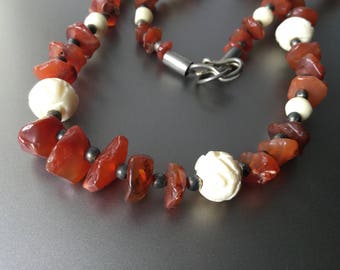 Graduated Carnelian and Carved Bone Necklace - Vintage Necklace 1970s