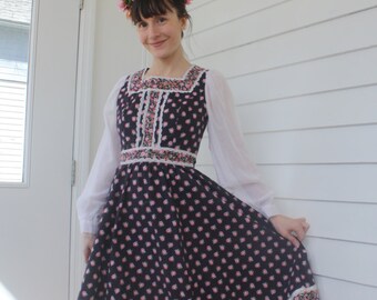 Black Floral Prairie Dress Vintage 70s Gunne Style Country Print Folk XS