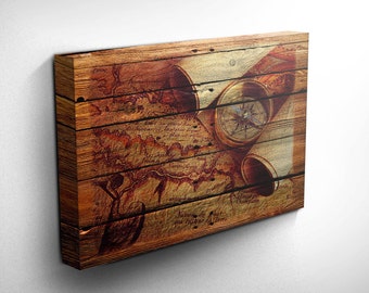World Explorer Wood Effect Canvas Art Print, Gift Idea, Inspirational Art, Compass Canvas Gift