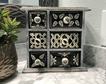 Apothecary Cabinet with 6 Ceramic Drawers, Hand Painted Wooden Cabinet Dresser Style Tea Bag Storage or Paraphernalia Box, Item #584090672
