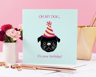 Pug Greeting Card, Black Pug, Dog Card, Pug Card, Greeting Card, Birthday, Pug Cute, Party Hat