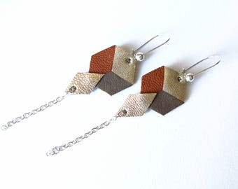 Geometric Leather Earrings, Hexagon, Rhombus, Camel Taupe Gold