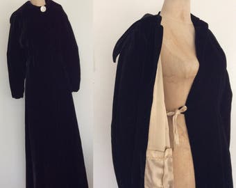 1940's Black Silk Velvet Opera Coat Floor Length Size XS Small by Maeberry Vintage