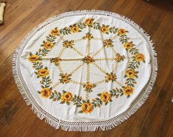 Vintage Circular Terry Cloth Tablecloth With Yellow Roses In A Wheel Design and Fringe