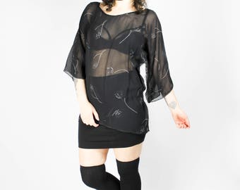 Vintage Schwarz Mesh Blouse Transparent Shirt Durchsichtig Grau Florales Muster Blumen Gothic Punk Grunge Alternative Style Party Hippie