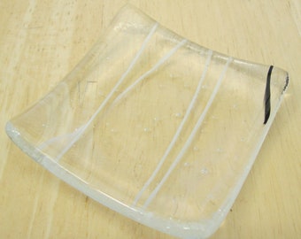 White black clear glass dish, square tealight holder, shallow glass bowl, candle dish, small soap dish, change tray, jewelry, handmade glass