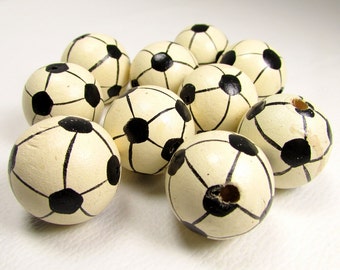 Soccer Ball Beads: Large Painted Wood Beads - Set of 10 Vintage Pieces