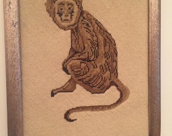 Vintage Needlepoint of Monkey Framed
