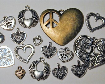 16pc Heart Charm Destash Collection Silvertone & Bronze C175