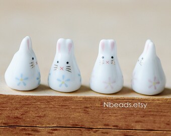 10pcs Kawaii Porcelain Bunny Beads, Floral Ceramic Rabbit beads, Pink Blue -80132