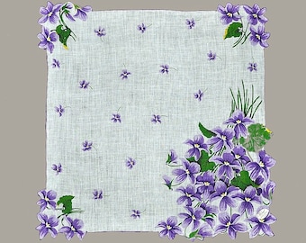VINTAGE HANKIE Purple Violet Nosegays on White Field Stunning NOS w/ Burmel Tag Purple Hem is Both Hand Rolled and Corded Bright & Clean