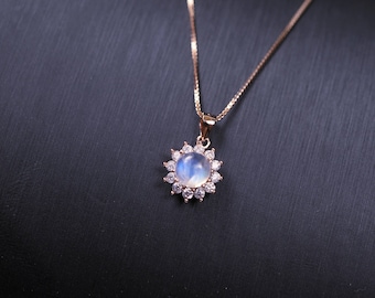 Moonstone Necklace - Rose Gold Necklace - Tiny Moonstone Jewelry - Moonstone Pendant , Box Chain Princess Diana Style Necklace