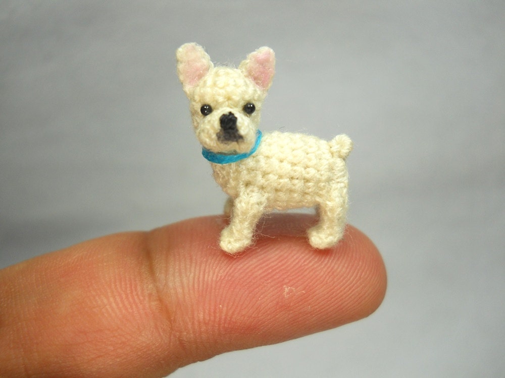 Mini White French Bulldog Micro amigurumi Tiny Crocheted Dog