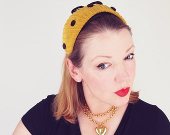 50s Mustard Gold Velvet Hat with Brown Dots and Bow