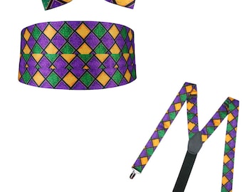 Mardi Gras Bow Tie, Cummerbund, and Suspender Package