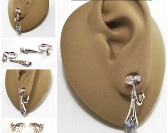 Avon Blue Marquis Stone Clip On Earrings Silver Tone Vintage Split Open Rib Round Clear Prong Set Rhinestone Long Dangles