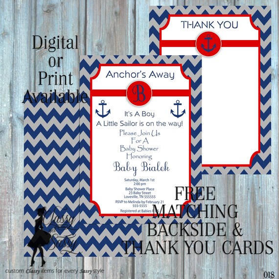Anchor Baby Shower Inviation, Nautical Baby Shower Invitation, Navy theme Baby Shower Invitation, It's A Baby Shower Invite, 018
