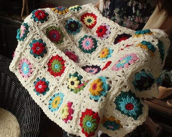 Granny Square Crochet Blanket,Retro Crochet Froral Blanket,Modern Vintage Afghan Throw,Handmade Blanket,Multicolored