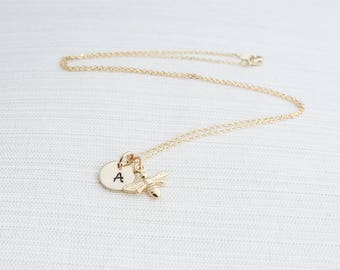 Gold Initial and Bee Necklace, Initial Necklace, Gold Bee Necklace, Manchester Bee, Bridesmaid Gift