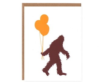 Sasquatch and Balloons -- Screenprinted Birthday Card