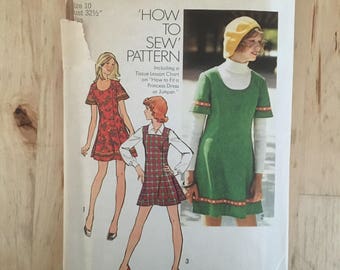 1970's princess seam dress or jumper with round or square neckline Simplicity 5853 Size 10 Bust 32 1/2"
