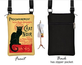 iPhone 7 Plus Cell Phone Purse, Le Chat Noir Fabric iPhone 7 case, Black Cat Lover Small Crossbody Bag, red yellow black RTS