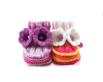 Hand Knitted Baby Booties with Crochet Bell Flowers - Pink, Yellow and White, 3 - 6 months