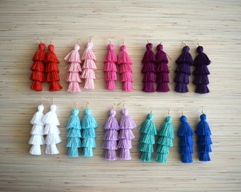 Tiered Tassel Earrings - 14 COLORS - Pink Tassel Earrings Gold Fringe Earrings White Statement Earrings Layered Tassel Earrings Blue Black