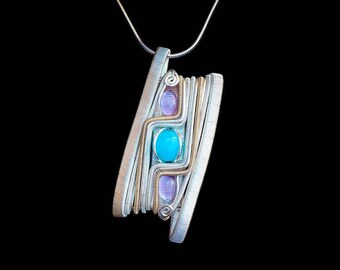 Amethyst and Amazonite Wire Wrapped Pendant, Wire Wrap, Heady Wire Wrap, Amethyst Wire Wrap, Amethyst Pendant, Wire Wrapped Jewelry, Heady