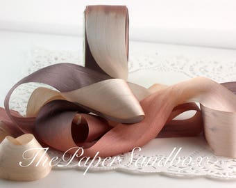 Hand Dyed Silk Ribbon, Tie Dyed Silk, Taupe/Gray Silk, 1.25" wide by the yard, Grey/Taupe Silk Ribbon, Wedding, Bouquets, Gift Wrapping