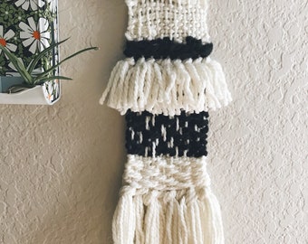 black + white || woven wall hanging || wool yarn weaving || mixed fabric art || wall tapestry ||