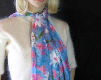 1980's Spring Floral Print Oblong SCARF Silky Satin Striped Measurement is 14" x 60"