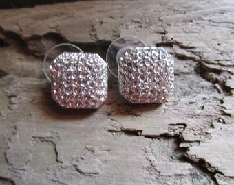 Silver Tone 1980's Pierced Rhinestone Earrings Glittery